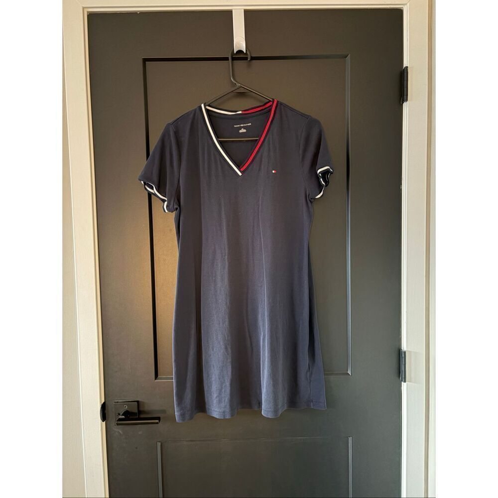 Tommy Hilfiger Women’s V-Neck Shirt Dress Navy Blue Logo Size Large